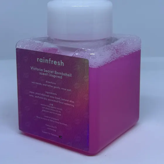 Back label of Drop Dead Gorgeous hand soap with directions and ingredients