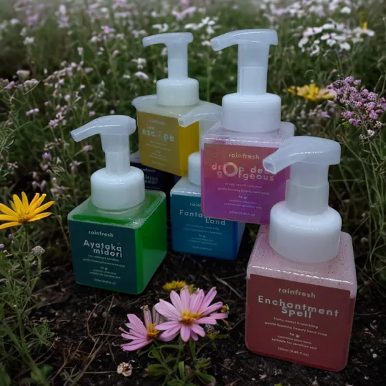 Rainfresh hand soaps among flowers