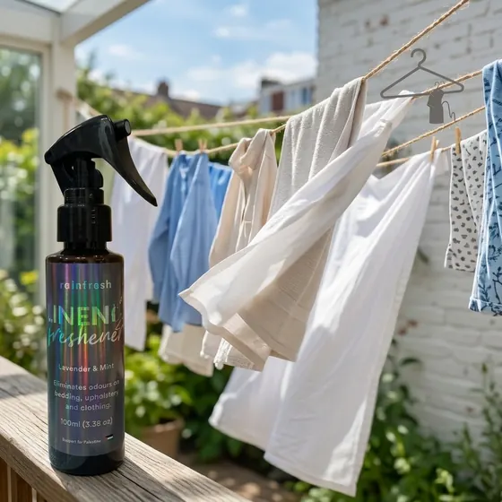 Linen Freshener beside laundry drying on a line