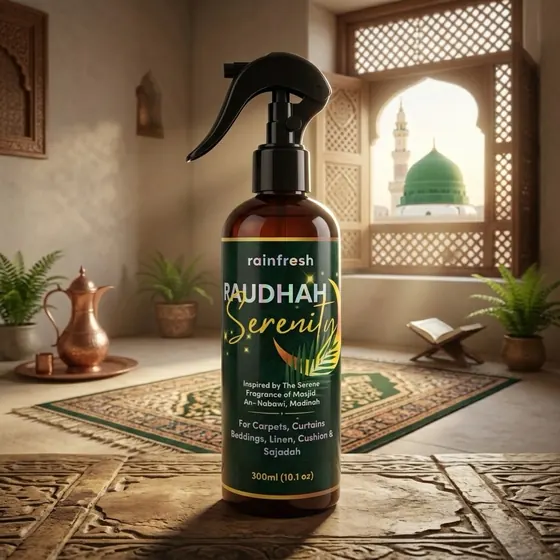 Raudhah Serenity on a prayer mat by a window overlooking a green dome