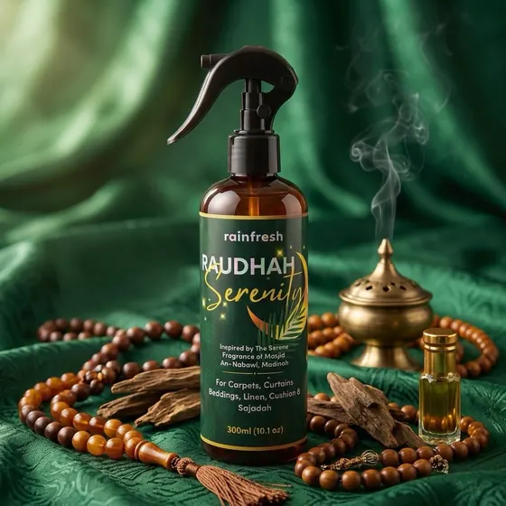 Raudhah Serenity on green velvet with prayer beads and oud