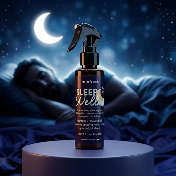 Sleep Well spray on a bedside table at night