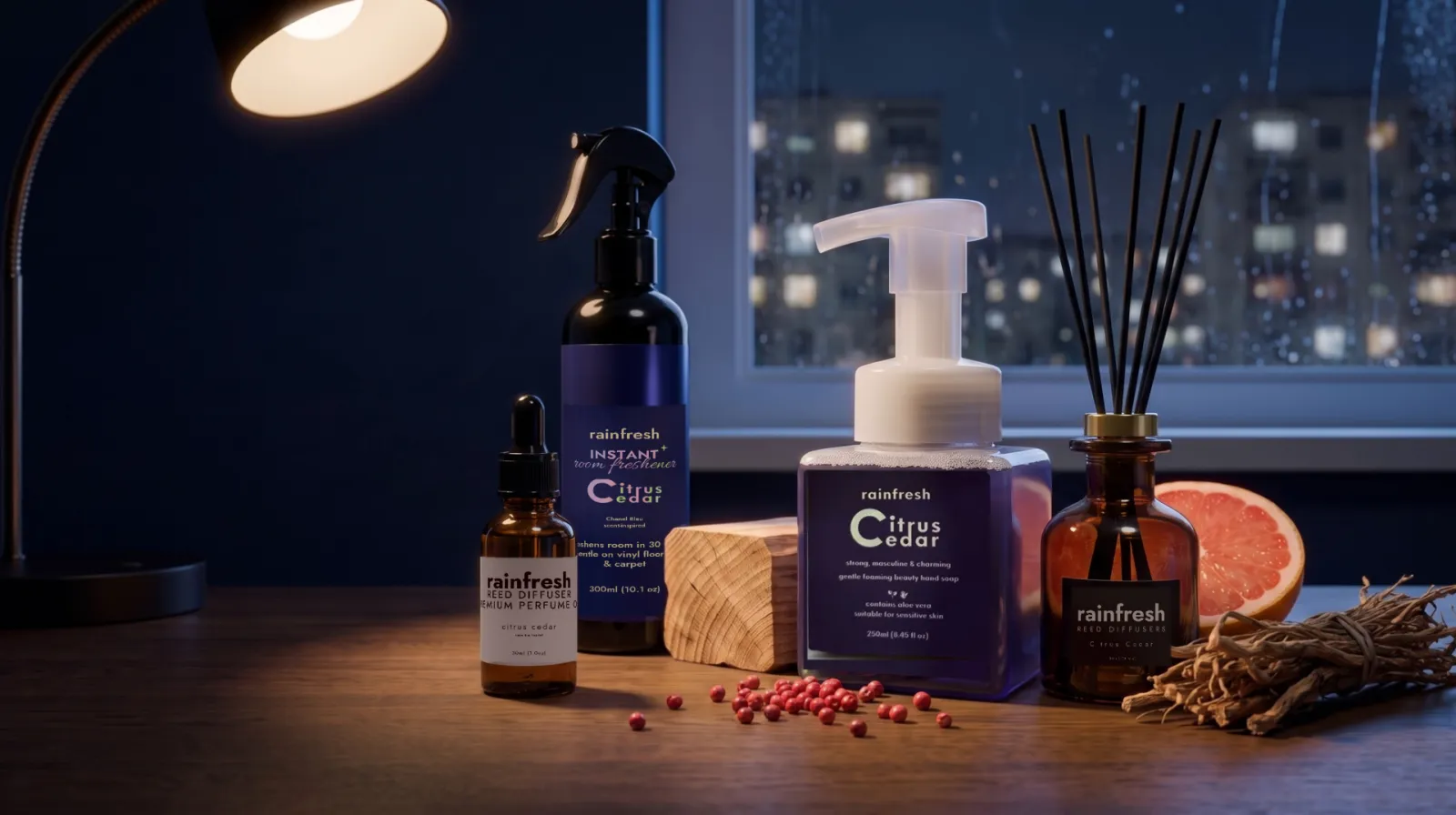 Citrus Cedar collection — perfume oil, room freshener, hand soap and reed diffuser — on a wooden desk with a cedar block, grapefruit, pink peppercorns and vetiver, night window behind