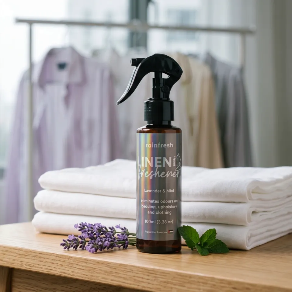 Linen Freshener beside folded white towels with lavender and mint, shirts hanging by a window behind
