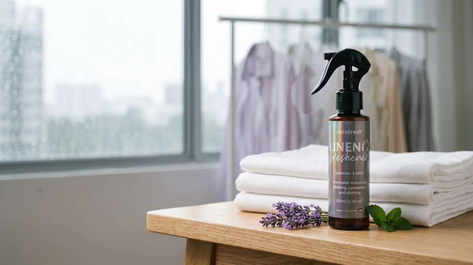 Linen Freshener beside folded white towels with lavender and mint, shirts hanging by a window behind