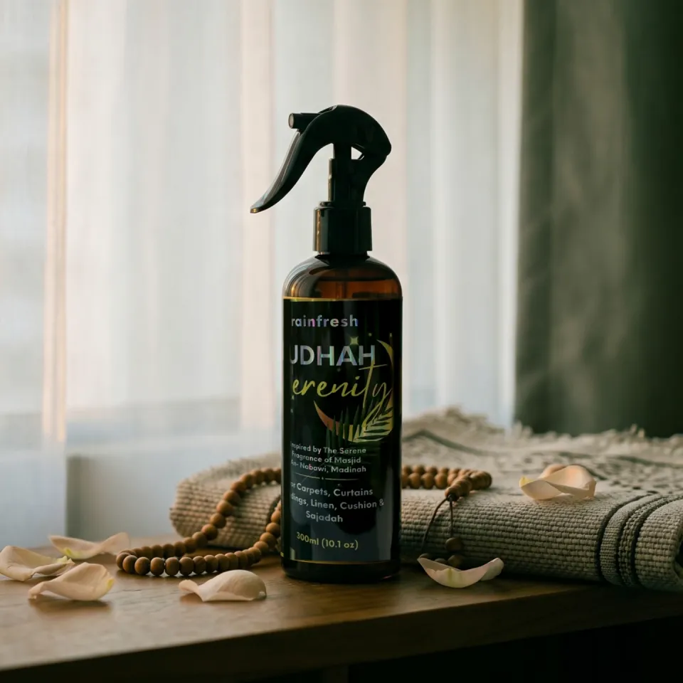 Raudhah Serenity spray beside a folded prayer mat, wooden prayer beads and rose petals, soft window light
