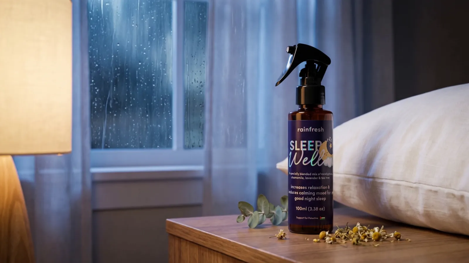 Sleep Well spray on a bedside table with eucalyptus and dried chamomile, a pillow and rainy window behind